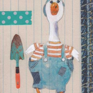 Anne Lahr's Silly Goose with Shovel Watercolor on Vintage Paper