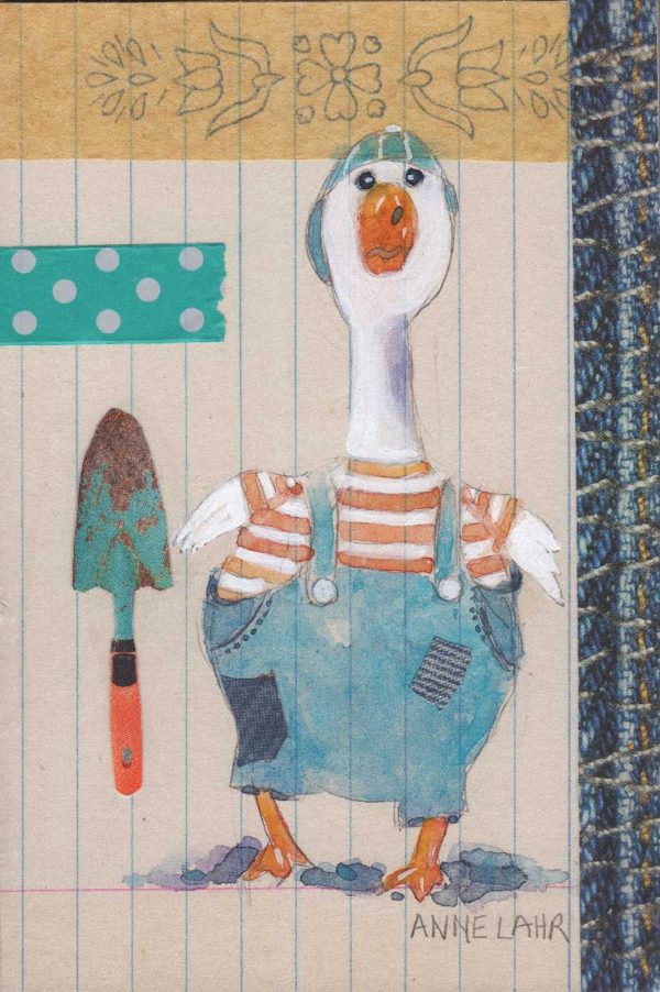Anne Lahr's Silly Goose with Shovel Watercolor on Vintage Paper